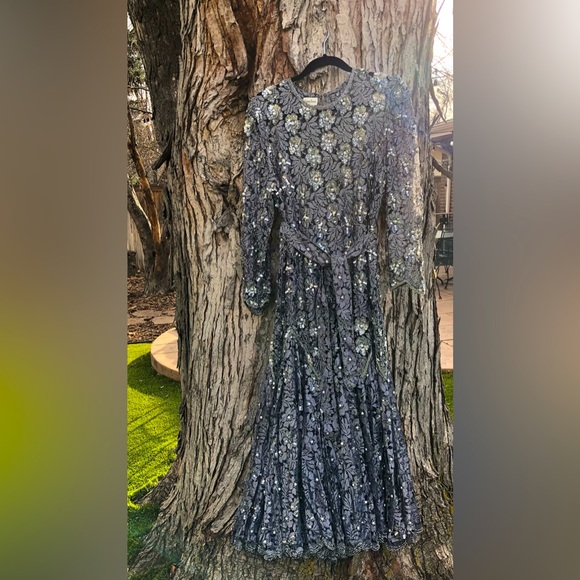 Neiman Marcus Dresses & Skirts - Vintage Neiman Marcus Silver Beaded Long Sleeve Drop Waist Dress Gown Medium